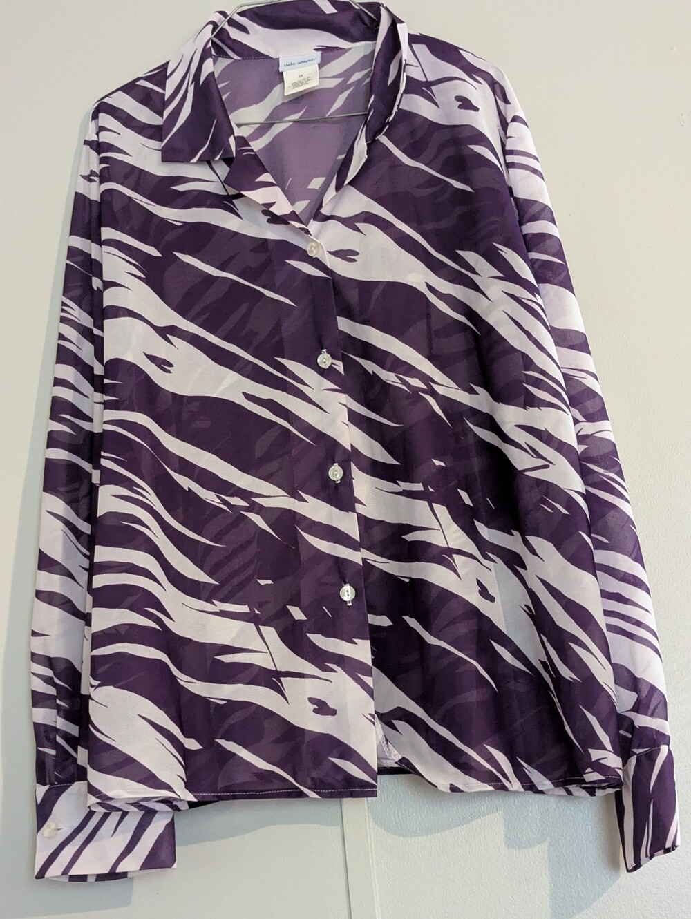 Vicki Wayne Purple White Abstract Zebra Button-Up Long Sleeve Sheer Shirt 2XL